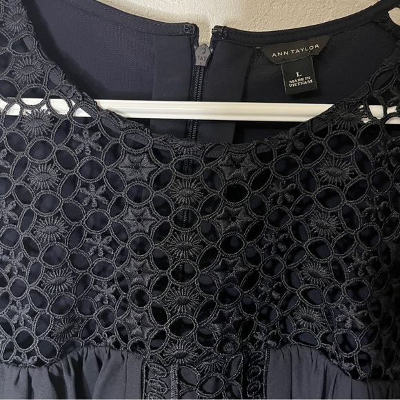 Ann Taylor Navy Embellished Crochet Blouse 3/4 Sleeve L - Picture 3 of 16